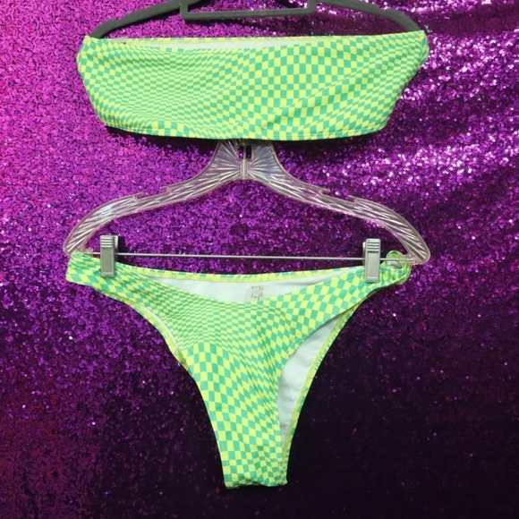 CHECKERBOARD BIKINI L Shein Strapless Cheeky Cute Summer Neon Dayglo Bright - Picture 3 of 7